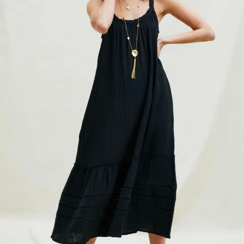 ASPIGA | Frankie Midi Dress Organic Cotton Black Ruffle Strap Gold | Size Large - Picture 2 of 13